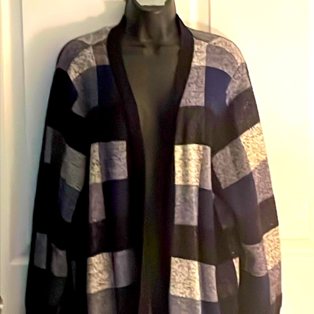 LANE BRYANT LONG COTTON BLEND BLUE/BLACK PLAID OPEN FRONT CARDIGAN SWEATER 18/20 - Picture 3 of 7